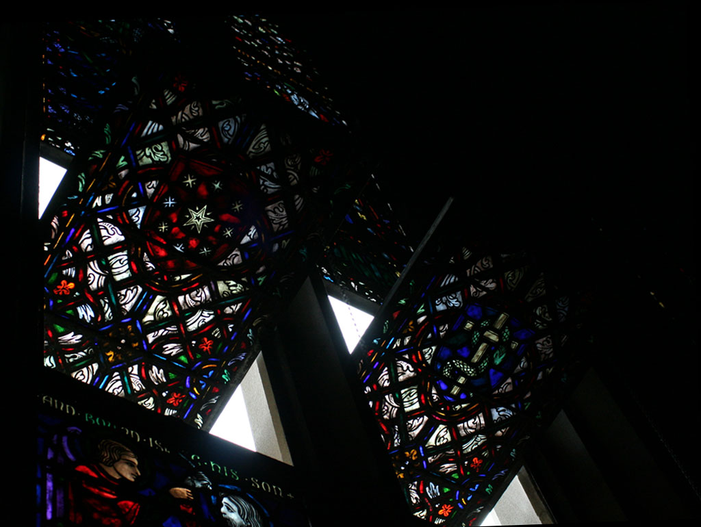 stained glass from the North windows, part of sequence representing faith through sacrifice, the law, courage and wisdom